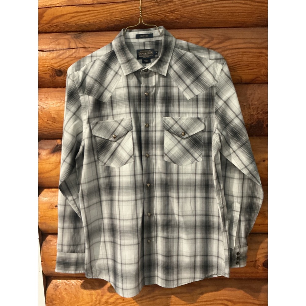 Pendleton Frontier Mens Grey Plaid Western Pearl Snap Shirt Long Sleeve M RA567